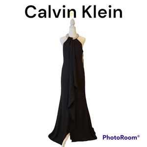 NEW Calvin Klein Chiffon Toga Gown, Black Beaded-Neck Size 4